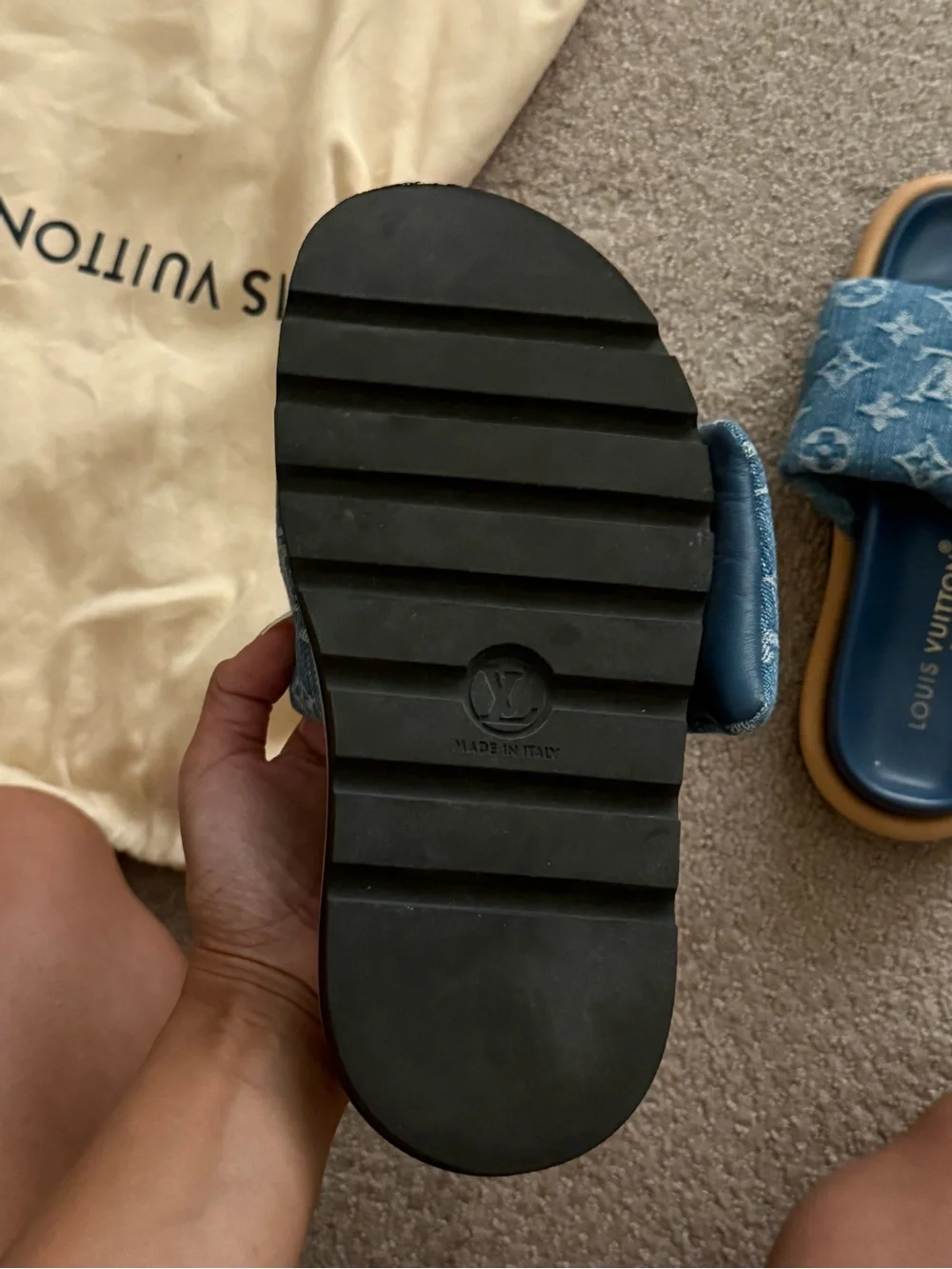 Louis Vuitton Denim Monogram Slide Sandals in Blue and Tan - Picture 2 of 4